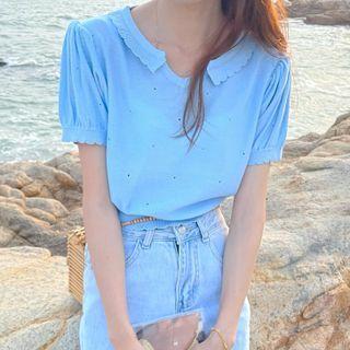 Short-sleeve Dotted Scallop Trim Knit Top