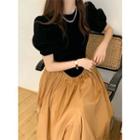 Puff-sleeve Color Block Panel Dress