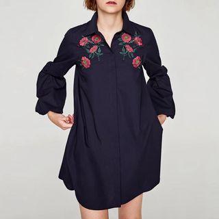 Puff Sleeve Embroidery Shirtdress