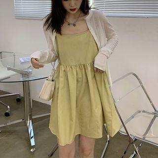 Spaghetti Strap Plain Mini A-line Dress / Cardigan