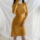 Ruched Long-sleeve Sheath T-shirt Dress Curcumin - One Size