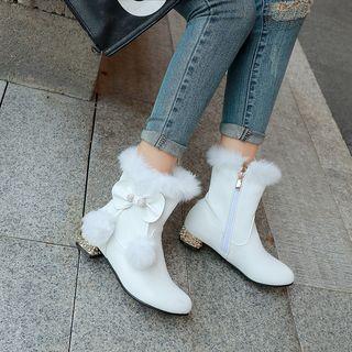 Faux Leather Bow-accent Block-heel Zip Short Boots