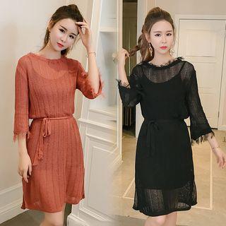 3/4 Sleeve Fray-trim Waist-tied Mesh Dress
