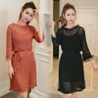3/4 Sleeve Fray-trim Waist-tied Mesh Dress