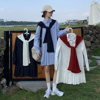 Plain Long-sleeve Shirtdress / Knit Scarf