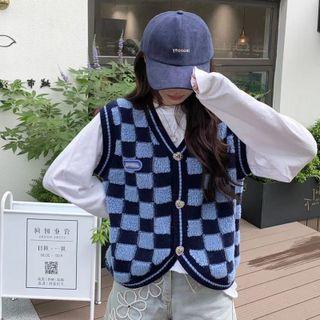 Checkered Button-up Sweater Vest Blue - One Size