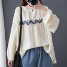Long-sleeve Embroidered Linen Blouse
