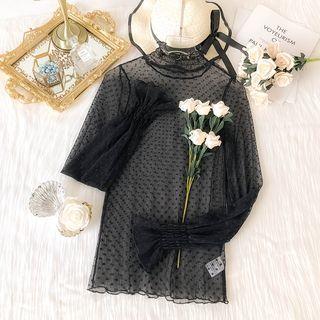 Bell-sleeve Mock-neck Dotted Mesh Top