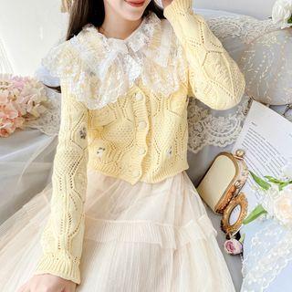 Lace Collar Pointelle Knit Cardigan Yellow - One Size