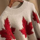 Round Neck Maple Leaf Sweater Khaki - One Size
