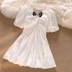 Puff-sleeve Faux Pearl Bow Knotted A-line Dress