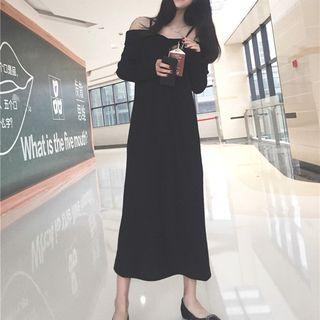 Plain Long-sleeve Knit Midi Dress
