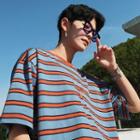 Elbow-sleeve Lettering Embroidered Striped T-shirt