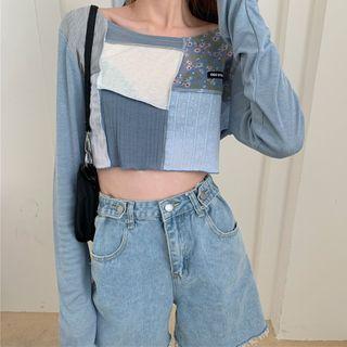 Color Panel Long-sleeve Crop T-shirt