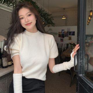 Set: Puff-sleeve Knit Top + Oversleeves Arm-sleeve - White - One Size
