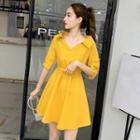 Elbow-sleeve Open-collar Mini A-line Dress