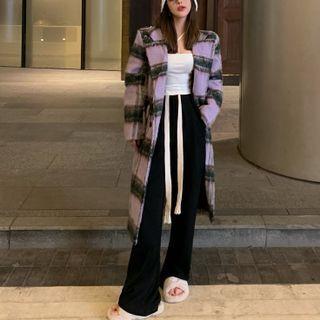 Double-breased Plaid Wool Coat Purple - One Size