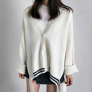 Striped Side-slit V-neck Cardigan
