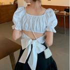Short-sleeve Bow Back Blouse / Ruffle Hem Mini A-line Skirt