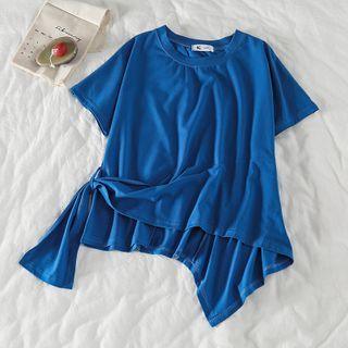 Asymmetric Hem Short-sleeve T-shirt / High-waist Layered Culottes