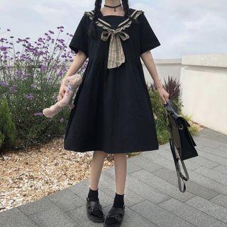 Short-sleeve Plaid Ruffle A-line Dress