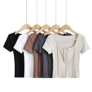 Short Sleeve Round-neck Plain Button-detail Crop Top