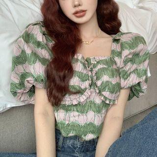 Puff-sleeve Square-neck Print Top Green - One Size