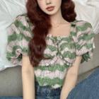 Puff-sleeve Square-neck Print Top Green - One Size