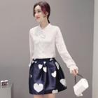 Set: Bow Long-sleeve Blouse + Heart Print Skirt