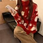 Long-sleeve Printed Knit Sweater Red - One Size