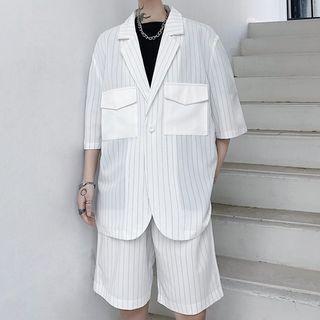 Set: Elbow-sleeve Pinstriped Blazer + Straight Leg Shorts