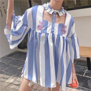 Bear Print Striped 3/4 Sleeve Shirt
