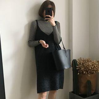 Set: Long-sleeve Stripe Knit Top + Jumper Dress