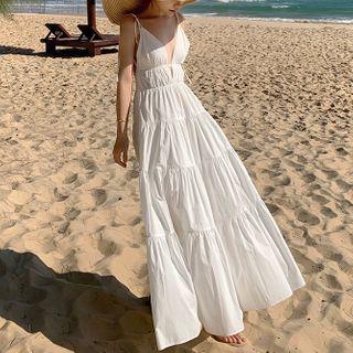 Spaghetti Strap Tiered Plunge-neck Maxi A-line Dress
