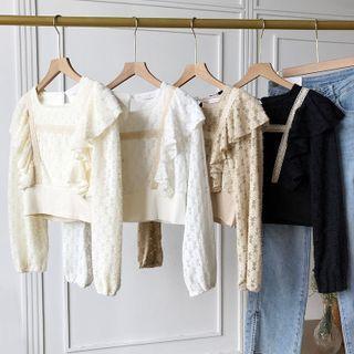 Long-sleeve Square-neck Ruffle Trim Lace Blouse