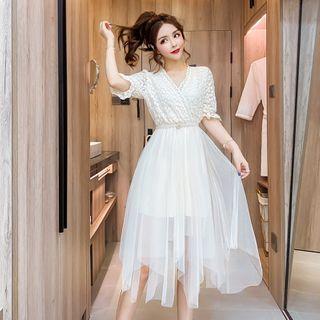 Lace Panel Elbow-sleeve Midi A-line Mesh Dress