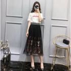 Set: Letter Embroidered Short Sleeve T-shirt + Mesh Midi Skirt