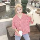 Elbow-sleeve V-neck Check Blouse