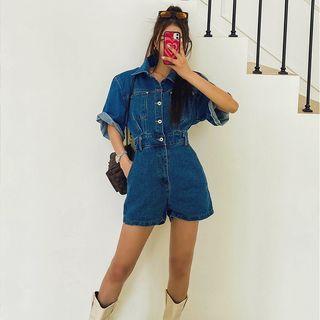 Elbow-sleeve Denim Jumpsuit Dark Blue - One Size