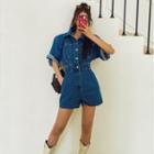 Elbow-sleeve Denim Jumpsuit Dark Blue - One Size