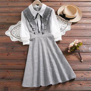 Mock Two-piece Long-sleeve Plaid Ruffled A-line Dress