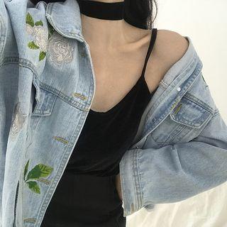 Flower Washed Fringed Loose-fit Denim Jacket