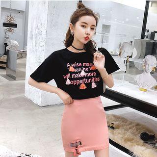 Set: Tassel Detail Short-sleeve T-shirt + High Waist A-line Skirt