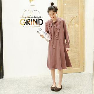 Tie-neck Long-sleeve Shift Dress Fuchsia - One Size