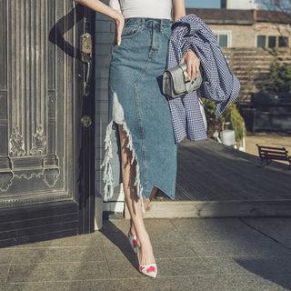 Asymmetric Distressed Denim Skirt