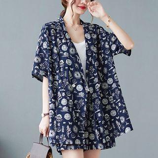 Set: Elbow-sleeve Print Blazer + Shorts Blazer - Dark Blue - One Size / Shorts - Dark Blue - One Size