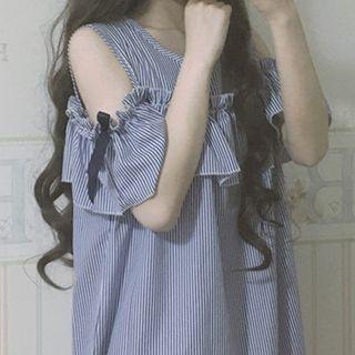 Ruffled Striped Short-sleeve A-line Dress With Headband