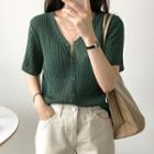 Single-breasted Striped Short-sleeve Knit Top Grass Green - One Size
