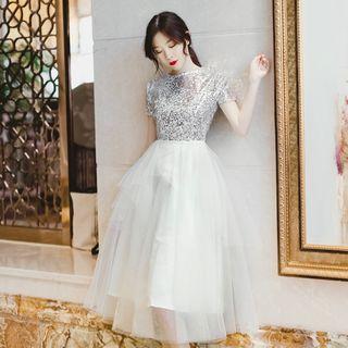 Sequined Short-sleeve Midi A-line Dress