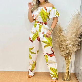 Off-shoulder Leaf Print Wide Leg Jumpsuit